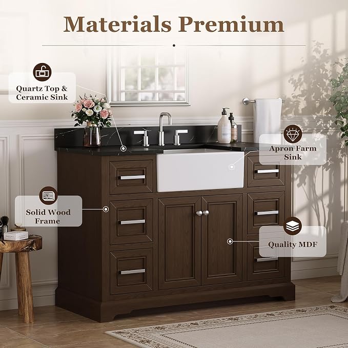 48" Bathroom Vanity with Sink, Fully Assembled, Walnut | Solid Wood Frame with Quartz Countertop, Ceramic Sink & Backsplash, Soft-Close Doors and 6 Full-Extension Drawers