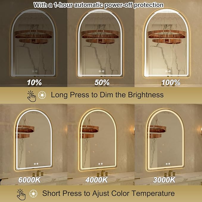 Arched LED Bathroom Mirror, 22"x32" Gold Aluminum Frame Bathroom Mirror with Lights, Lighted Vanity Mirror for Wall, Anti-Fog, Stepless Dimmable, 3 Color Temperature Vanity Mirror