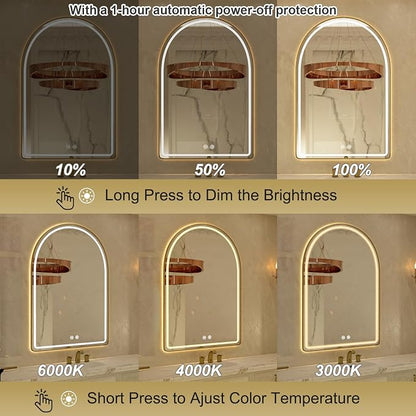 Arched LED Bathroom Mirror, 22"x32" Gold Aluminum Frame Bathroom Mirror with Lights, Lighted Vanity Mirror for Wall, Anti-Fog, Stepless Dimmable, 3 Color Temperature Vanity Mirror