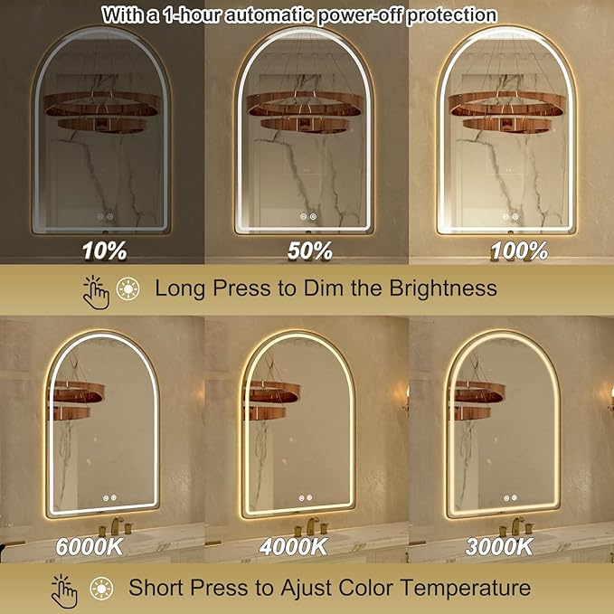 24"x36" Arched LED Bathroom Mirror, Gold Framed LED Bathroom Mirrors with Front Light and Backlit, Anti-Fog, Dimmable, 3 Colors, Memory Function, Arch Smart Vanity Mirror