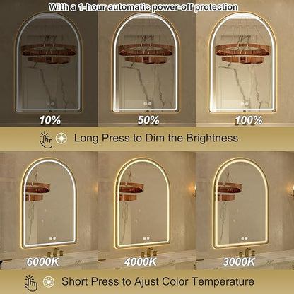 24"x36" Arched LED Bathroom Mirror, Gold Framed LED Bathroom Mirrors with Front Light and Backlit, Anti-Fog, Dimmable, 3 Colors, Memory Function, Arch Smart Vanity Mirror