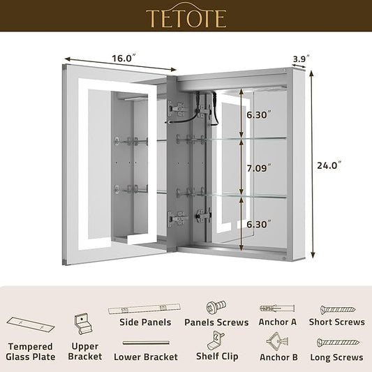 TETOTE LED Lighted Medicine Cabinet Mirror with Tempered Glass 16 x 24 Recessed or Surface Mount Bathroom Cabinet with Lights and Storage, Outlets & USB, 3-Color Dimming, Defog, Adjustable Shelves
