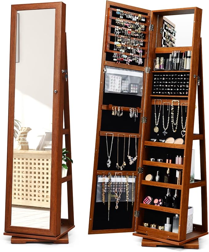 LOKO 360° Rotating Jewelry Armoire, Freestanding Jewelry Cabinet with Inside Makeup Mirror, 2-in-1 Lockable Jewelry Organizer w/Full-Length Mirror for Women (Walnut)
