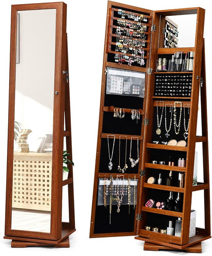 LOKO 360° Rotating Jewelry Armoire, Freestanding Jewelry Cabinet with Inside Makeup Mirror, 2-in-1 Lockable Jewelry Organizer w/Full-Length Mirror for Women (Walnut)