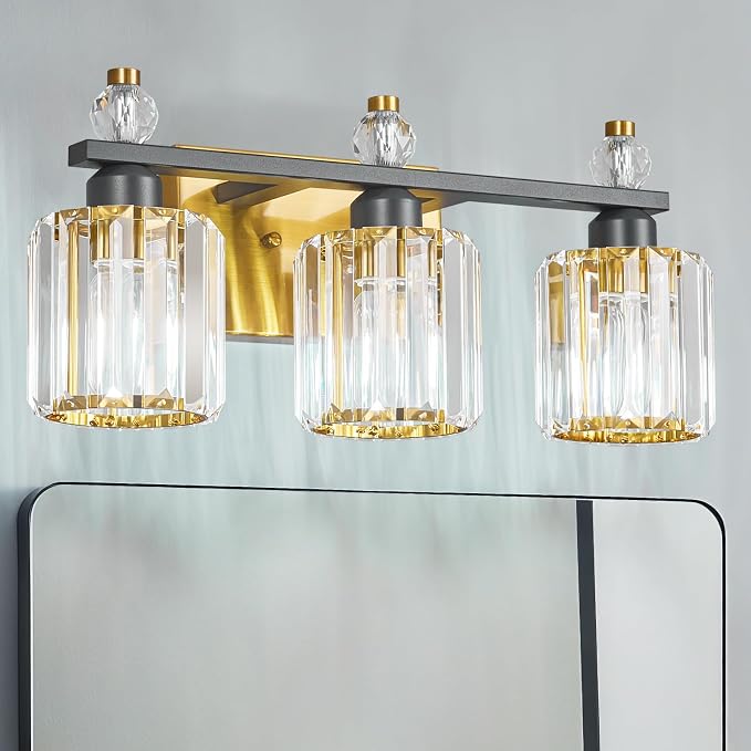 Bathroom Vanity Lights 3-Light Sand Black Gold Modern Crystal Vanity Light Fixtures Over Mirror Crystal Bathroom Vanity Lighting Fixtures