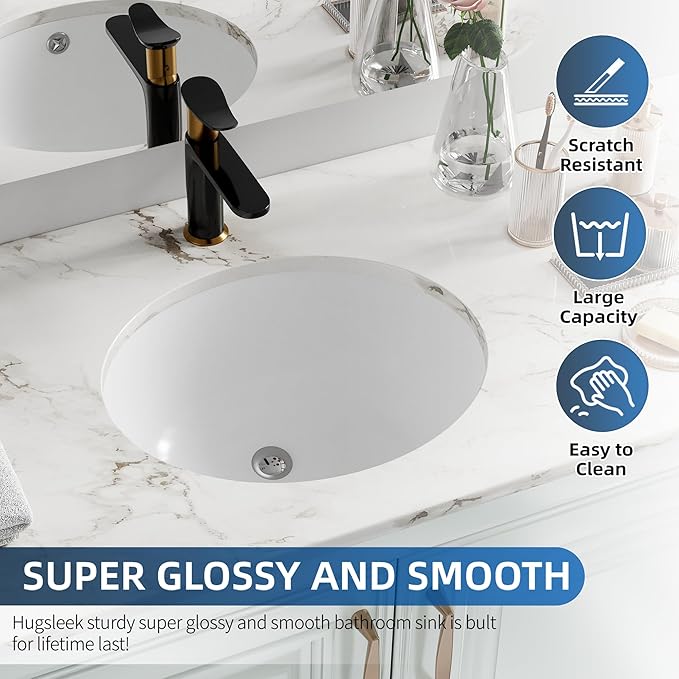 Undermount Bathroom Sink Oval, Hugsleek Interior Bowl Size 16 x 13 inch White Porcelain Ceramic Vessel Sink Under Counter Oval Exterior size 18x15in Bath Sink Bowl Basin Lavatory Vanity Fireclay