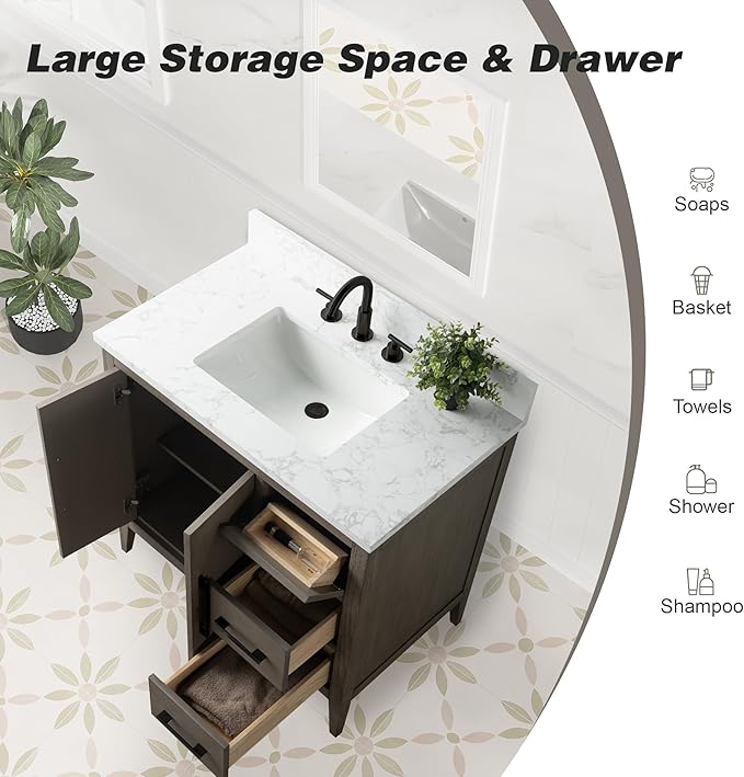 HomeBeyond 36 Inch Bathroom Vanity with Sink & Ceramic Top, Single Vanity Cabinet with Basin, Soft-Closing Doors & Matte Black Hardware, Driftwood Gray