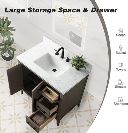 HomeBeyond 36 Inch Bathroom Vanity with Sink & Ceramic Top, Single Vanity Cabinet with Basin, Soft-Closing Doors & Matte Black Hardware, Driftwood Gray