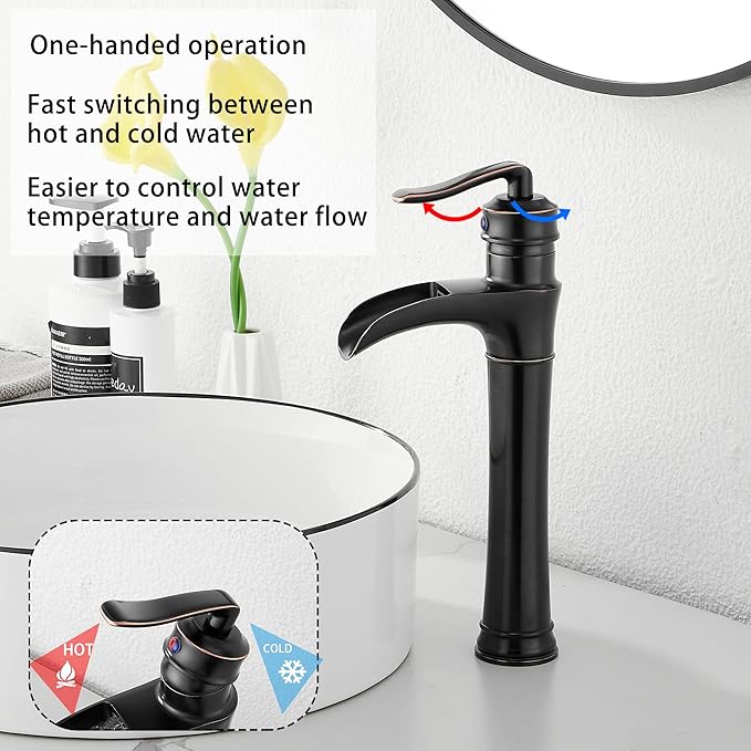 Oil Rubbed Bronze Bathroom Vessel Faucet GGStudy Single Handle One Hole Waterfall Farmhouse Bathroom Vessel Sink Faucet Matching with Pop Up Drain