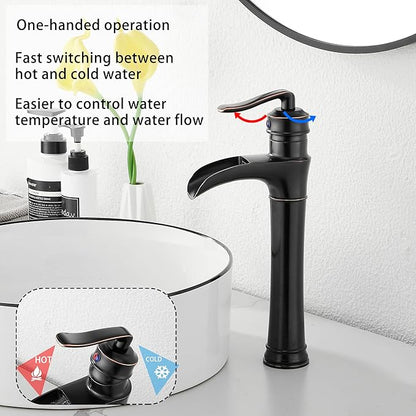 Oil Rubbed Bronze Bathroom Vessel Faucet GGStudy Single Handle One Hole Waterfall Farmhouse Bathroom Vessel Sink Faucet Matching with Pop Up Drain