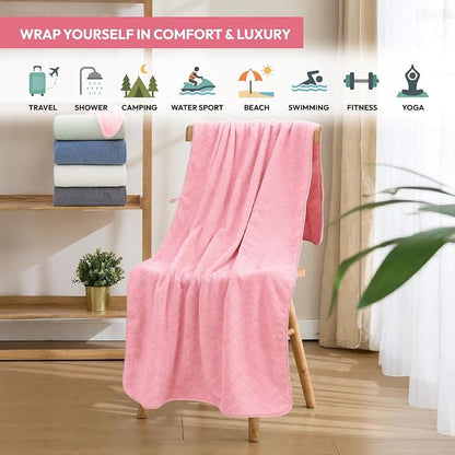 JML Bath Towels with Hanging Loop, 2 Pack, 27x55 in, Microfiber, Pink | Soft, Super Absorbent, Quick Dry, Lint-Free & Fade-Resistant, Lightweight Bathroom Towel for Daily Use