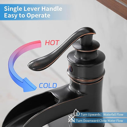 BWE Bathroom Sink Faucet Oil Rubbed Bronze Waterfall with Pop Up Drain Stopper Assembly Water Supply Hose Rustic Lead-Free Lavatory Vanity Bath Black Farmhouse Faucet Single Handle Mixer Single Hole