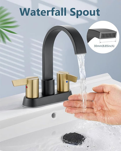 Aolemi Bathroom Faucets for Sink 3 Hole,4 Inch Centerset Waterfall Faucet 2 Handle for Bathroom Sink with Pop-Up Drain and Supply Lines Matte Black and Brushed Gold