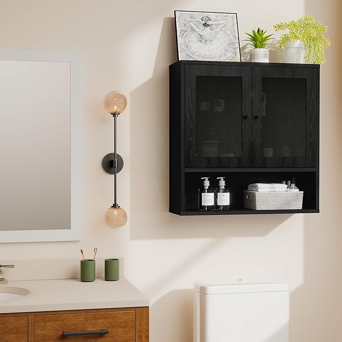 Bathroom Wall Cabinet, Wall-Mounted Rattan Medicine Cabinet with Double-Door, Floating Bathroom Cabinet Over Toilet for Laundry Room & Kitchen & Living Room 23.23 x 7.68 x 24 in