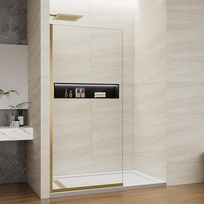 Shower Screen 36" x 76" Shower Wall Panel Brushed Gold | Tempered Glass 3/8 inch, Half Frameless Shower Wall Panel, Easy to clean Coating, Fixed Glass Shower Door With Hardware