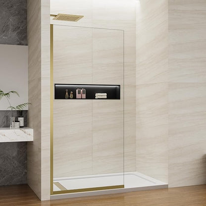 Shower Screen 36" x 76" Shower Wall Panel Brushed Gold | Tempered Glass 3/8 inch, Half Frameless Shower Wall Panel, Easy to clean Coating, Fixed Glass Shower Door With Hardware