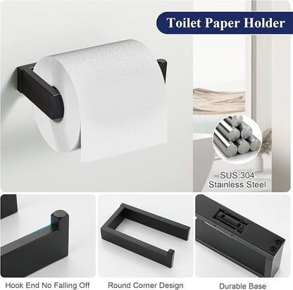 Matte Black Bathroom Accessories, Toilet Paper Holder, Towel Bar and Hook | Lairuier 3 Pieces Bathroom Hardware Set, SUS304 Stainless Steel Towel Holder Set Toilet Paper Holder Robe Hook Wall Mounted