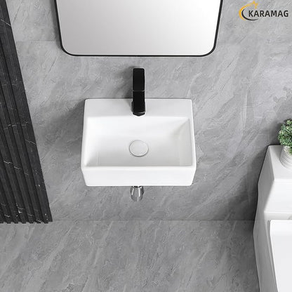 Small Vessel Sink 15"x12" Wall Mount Bathroom Sink Rectangular White Porcelain Ceramic Mini Floating Tiny Bathroom Wall Mounted RV Sink