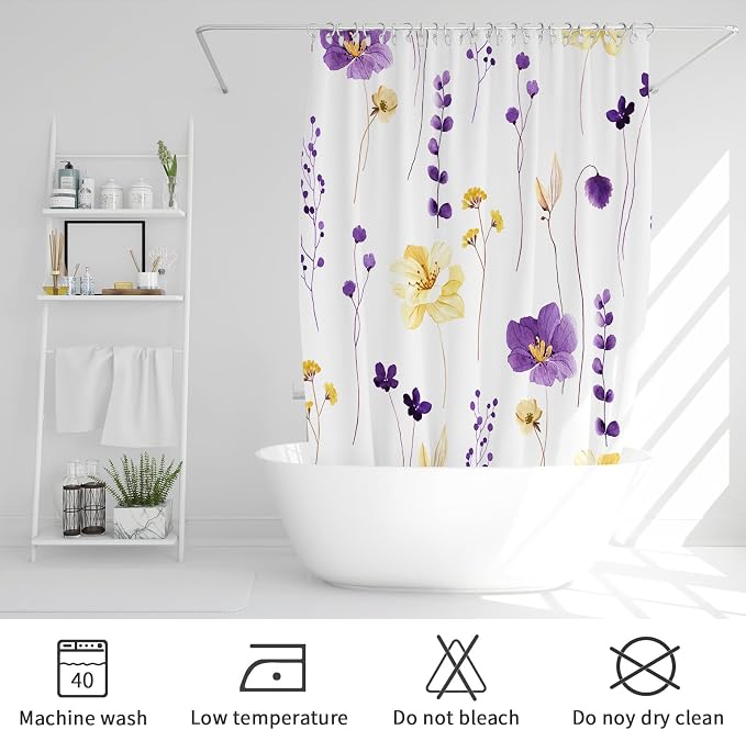 Purple Yellow Watercolor Floral Fabric Shower Curtain, 36x72 | Waterproof Fabric, Modern Minimalist Floral Print, Machine Washable, Rustproof Grommets, for Bath Home, Small Stall