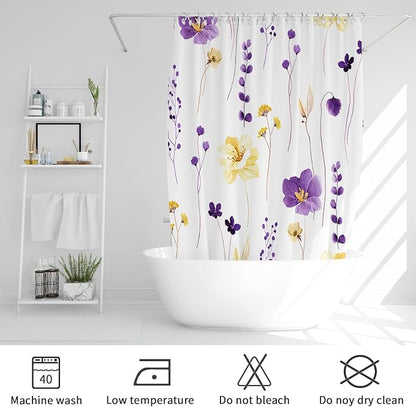 Purple Yellow Watercolor Floral Fabric Shower Curtain, 36x72 | Waterproof Fabric, Modern Minimalist Floral Print, Machine Washable, Rustproof Grommets, for Bath Home, Small Stall