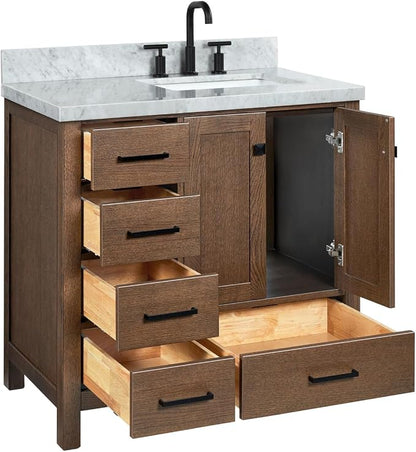 ARIEL Cambridge 36-inch Bathroom Vanity with Sink,Solid Wood, 1.5-inch Italian Carrara Marble Countertop, Single Rectangular Porcelain Sink, 2 Soft Closing Doors, 5 Dovetail Drawers, Brown Oak