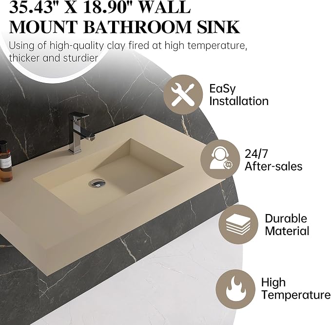 35" x 19" Bathroom Sink with Single Faucet Hole, Stone Resin Wall Mount Sink, Rectangle Solid Surface Vessel Sinks for Bathroom, Floating or Countertop Vessel Sinks, Latte Color