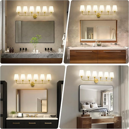 Bathroom Vanity Light, Brushed Gold Bathroom Light Fixtures, 6-Light Lighting Fixtures Over Mirror, Modern Wall Sconce with Flared White Fabric Shade, E26 Socket(ETL Listed)
