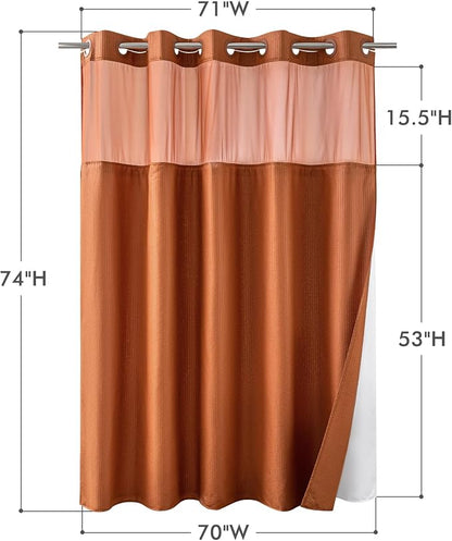 No Hook Shower Curtain with Snap-in Liner 71x74, Terracotta | Embossed Waffle-Look Textured, Sheer Window, Soft & Lightweight, Water Repellent Clay Fabric Shower Curtain for Bathroom