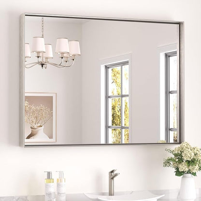 Keonjinn 40x30 Inch Brushed Nickel Bathroom Mirror for Over Sink, Rectangle | HD Tempered Glass, Vanity Mirror, Brushed Framed, Square Corner, Modern Farmhouse, Wall Mounted Mirrors, Aluminum Alloy