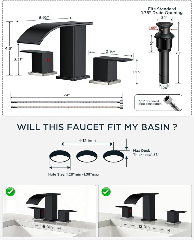 FORIOUS Bathroom Faucet Waterfall 3 Hole 8 Inch Black and Brushed Nickel | Square Bathroom Sink Faucet with Pop-up Drain and 24" Supply Lines, Lead-Free SUS304, Two Handles for Vanity RV Farmhouse