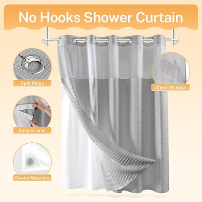 River Dream Gray Cotton Blend Fabric Shower Curtain Set with Liner, 71x74 | Waffle Weave, No Hook Needed, with Snap in Replacement Liner, Top Sheer Window, Hotel Quality Fabric for Bathroom