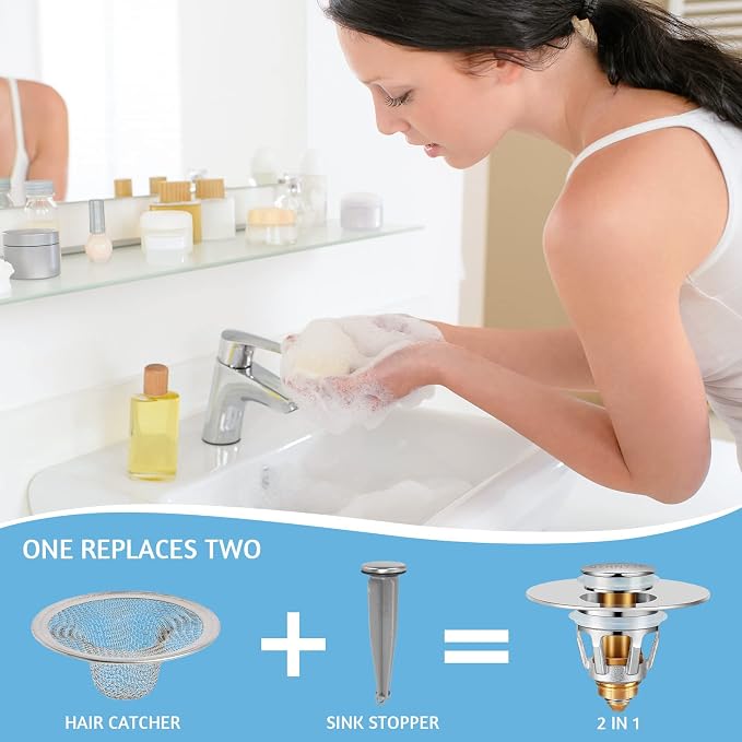 QYHNYJF Bathroom Sink Stopper with Hair Catcher – Universal Pop-Up Drain Strainer for 1.1–1.5 inch US Standard Sink Drain Holes, Anti-Clog Basin Stopper, Silver
