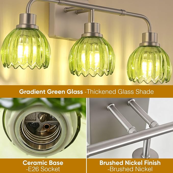Ralbay Vintage Vanity Lights Bathroom Light Fixture Over Mirror for Bath Brushed Nickel Modern Wall Sconces with Green Crystal Glass Shade for Bedroom,Living Room,Hallway(3-Light)