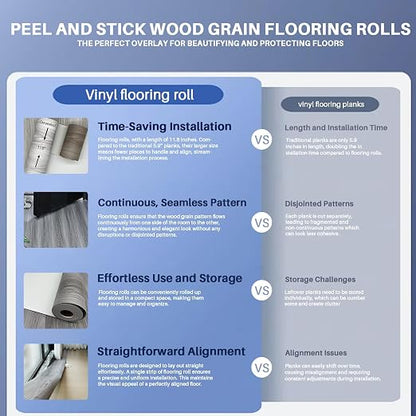Woodgrain Vinyl Floor Roll, 11.8" x 394", Quick‑Apply Peel & Stick | Cover 32.29 Sq,ft, Soft wood‑look finish, Non‑slip texture, Long rolls reduce seams, Low‑maintenance surface, Easy to cut