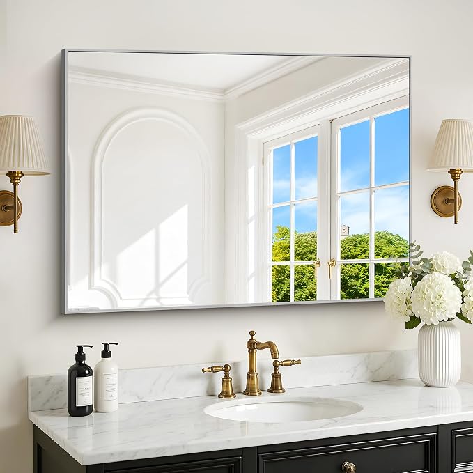 DESBING 30" x 40" Bathroom Mirror, Silver Metal Frame Wall Mirror | HD Image,Shatterproof Decorative Rectangular Vanity Mirror for Bedroom Bathroom Living Room Entryway Horizontal or Vertical