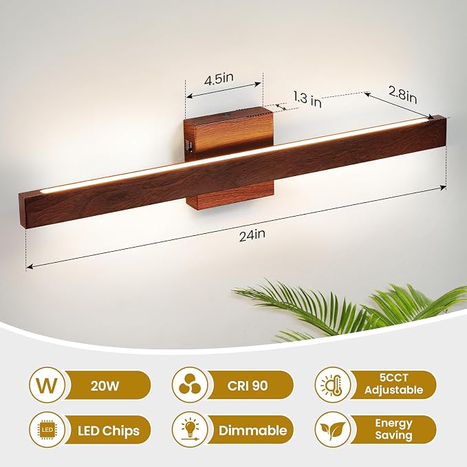 Bathroom Vanity Light 24 Inch Brown Wood Finish Bathroom Light Fixture Over Mirror with Up & Down Lighting 20W Dimmable 5CCT LED Vanity Lighting Fixture Bar for Restroom Bedroom