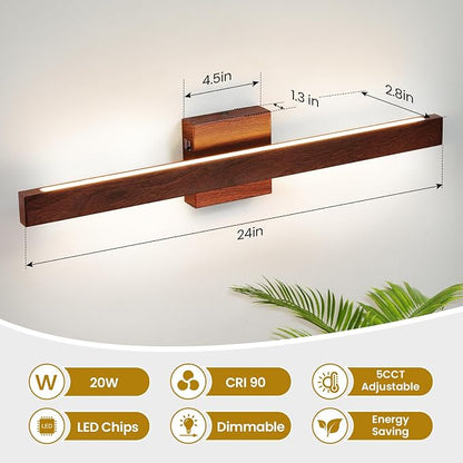 Bathroom Vanity Light 24 Inch Brown Wood Finish Bathroom Light Fixture Over Mirror with Up & Down Lighting 20W Dimmable 5CCT LED Vanity Lighting Fixture Bar for Restroom Bedroom