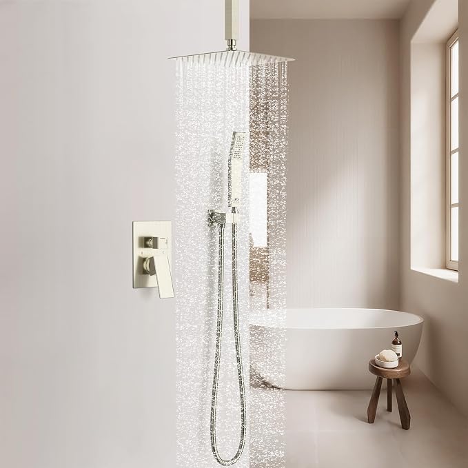 SunCleanse Rainfall Shower Faucet Set with High Pressure in Brushed Nickel | Ceiling mounted shower combo set featuring a 10" rainfall shower head, handheld spray, and rough-in shower valve.