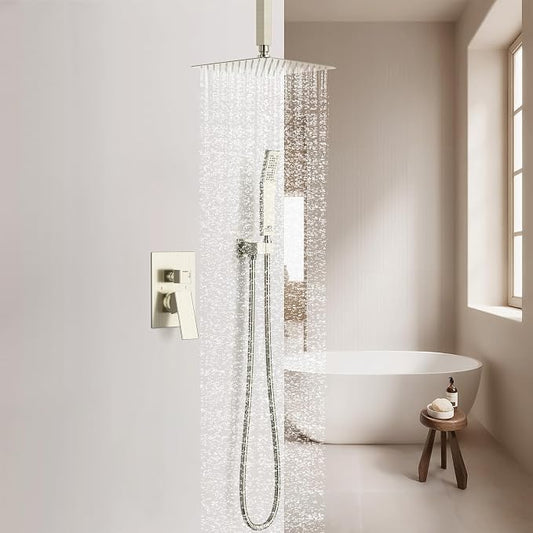 SunCleanse Rainfall Shower Faucet Set with High Pressure in Brushed Nickel | Ceiling mounted shower combo set featuring a 10" rainfall shower head, handheld spray, and rough-in shower valve.