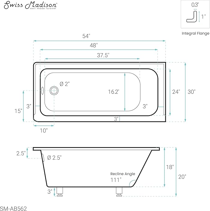 Swiss Madison Voltaire 54" x 30" Acrylic Glossy White, Alcove, Integral Left-Hand Drain, Bathtub