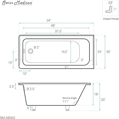 Swiss Madison Voltaire 54" x 30" Acrylic Glossy White, Alcove, Integral Left-Hand Drain, Bathtub