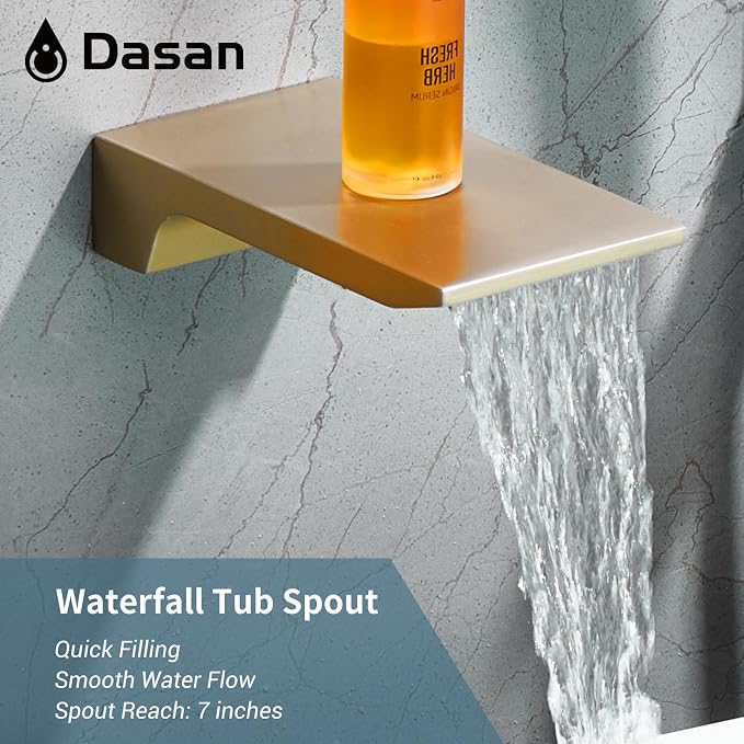 DASAN Tub Shower Faucets Sets Complete Brushed Gold Bathtub Shower System with Waterfall Tub Spout, Bathtub Faucet Set Tub and Shower Faucet Combo Trim Kit with Valve, DA-SS04BG-S10W
