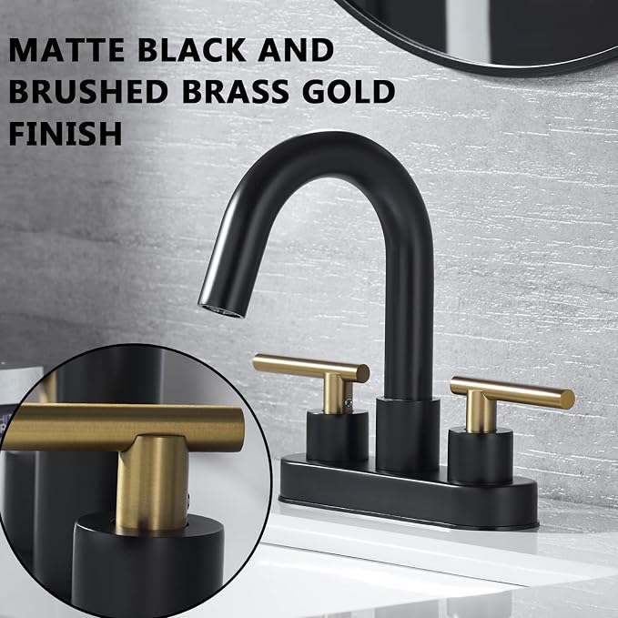 Bathroom Faucet, 3-Hole Black and Gold Vanity Faucet with Metal Sink Drain, 2-Handle 4-Inch Centerset