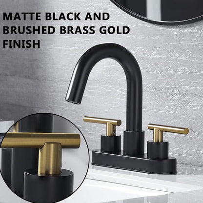 Bathroom Faucet, 3-Hole Black and Gold Vanity Faucet with Metal Sink Drain, 2-Handle 4-Inch Centerset