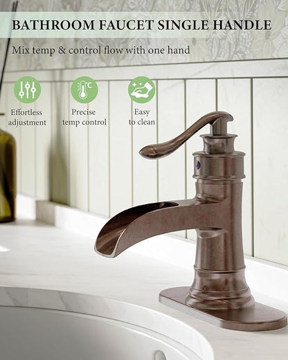 Homevacious Bathroom Faucet Copper Waterfall Bathroom Sink Faucets with Single Handle Rustic Vanity Farmhouse RV Faucet Suitable for 1 or 3 Holes with Pop-up Drain Deck Plate Hose
