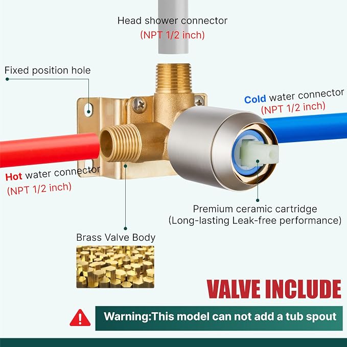 Heyalan 8-Inch Square Rain Shower Faucet Set with Valve, Brushed Nickel | SUS304 stainless steel shower head, male NPT 1/2-inch valve, single-handle control, adjustable angle, 1.8 GPM