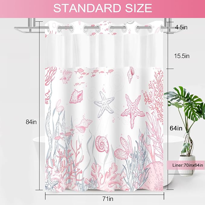 No Hook Shower Curtain and Liner Set, Pink Beach Coastal 71x84 | Nautical Ocean for Bathroom, with Snap in Liner Replacement, Mesh Top Window, Waterproof, Machine Washable, Quick-Drying