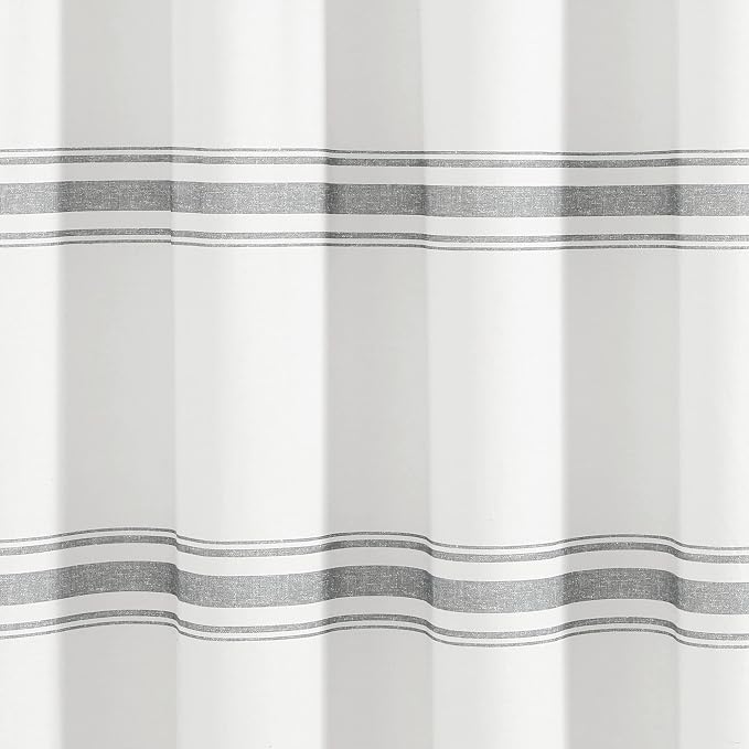 Lush Decor Farmhouse Stripe Cotton Shower Curtain, 72" W x 72" L, Dark Gray - Striped Bathroom Curtain - Fabric Shower Curtains - Farmhouse Bathroom Decor