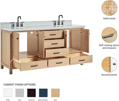 ARIEL Cambridge 72-inch Bathroom Vanity with Sink,Solid Wood, 1.5-inch Italian Carrara Marble Countertop, Double Oval Porcelain Sink, 4 Soft Closing Doors, 6 Dovetail Drawers, White Oak
