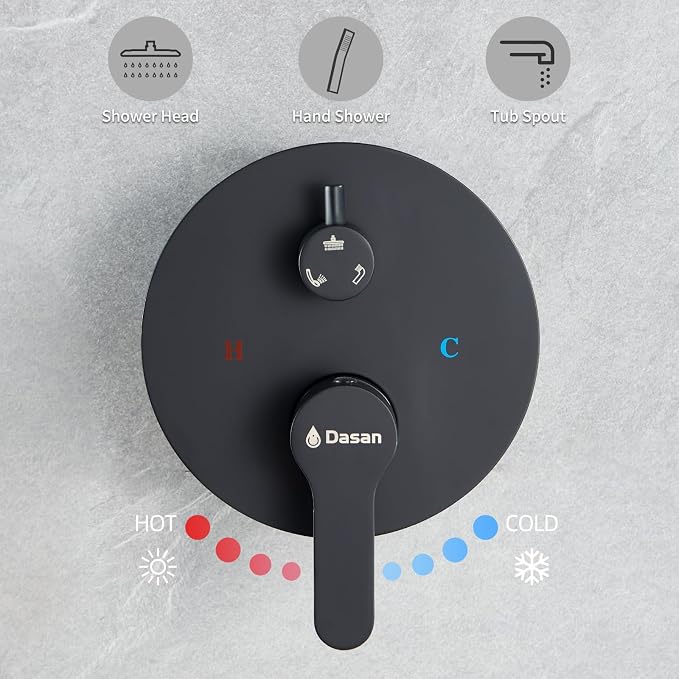 DASAN Tub Shower Faucets Sets Complete Bathtub Faucet Set Matte Black Bathtub Shower System with Tub Spout, Bathroom Tub and Shower Faucet Combo Trim Kit with Rough-in Valve, DA-SS03AMB-R10W